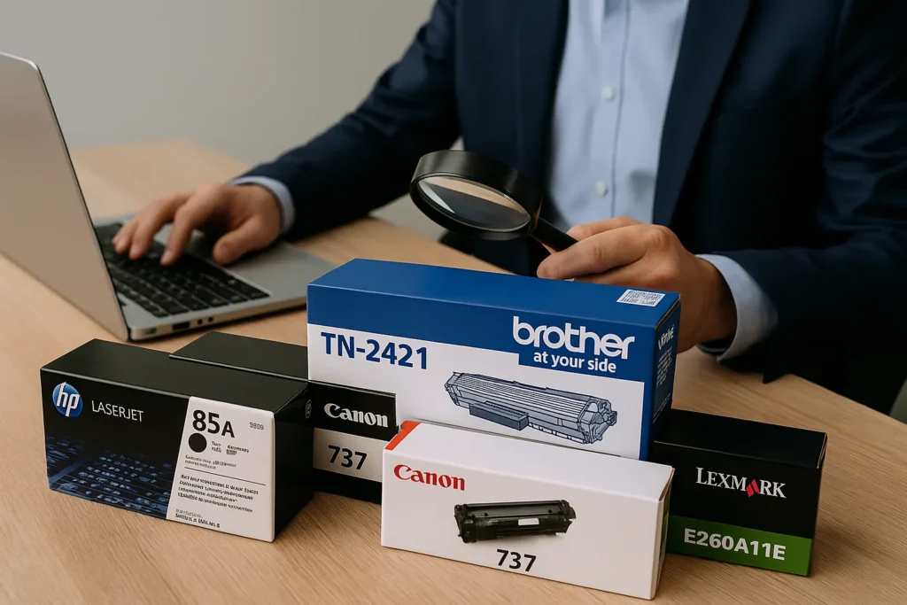Evaluator analizând cartușe sigilate HP, Canon, Brother și Lexmark cu o lupă pentru verificare.