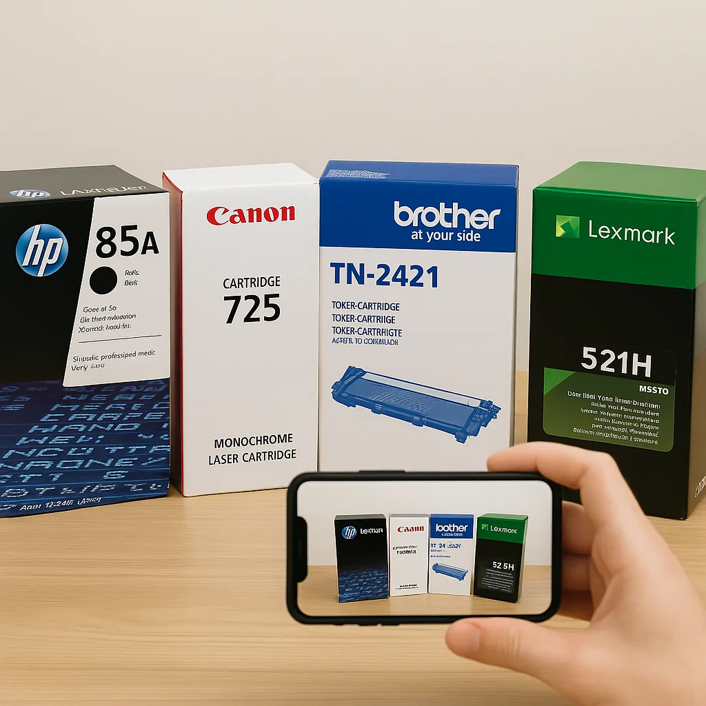 Cutii sigilate de cartușe HP, Canon, Brother și Lexmark fotografiate cu telefonul pentru evaluare.