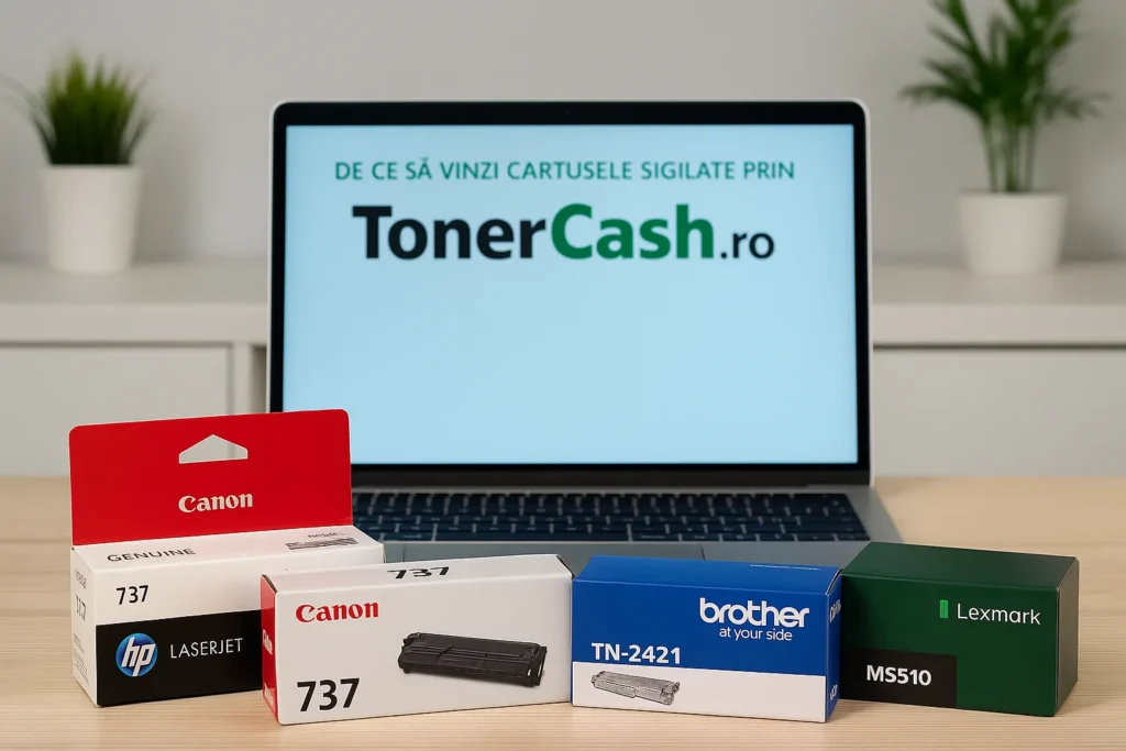 Cartușe sigilate de la HP, Canon, Brother și Lexmark așezate în fața unui laptop cu site-ul TonerCash.ro.