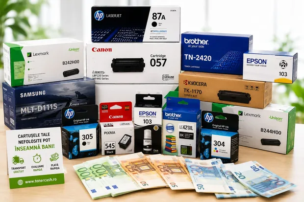 Cutii de tonere și cartușe originale sigilate de la HP, Canon, Brother, Epson, Lexmark, Samsung și Kyocera, așezate pe birou lângă bancnote